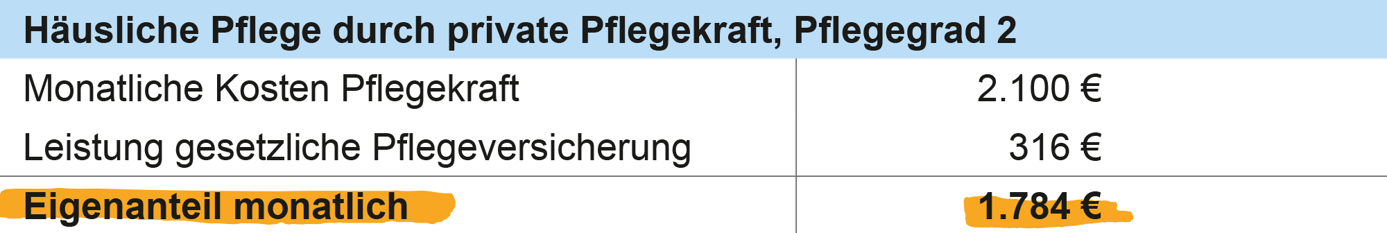 Kostenbeispiel Häusliche Pflege durch private Pflegkraft, Pflegegrad 2